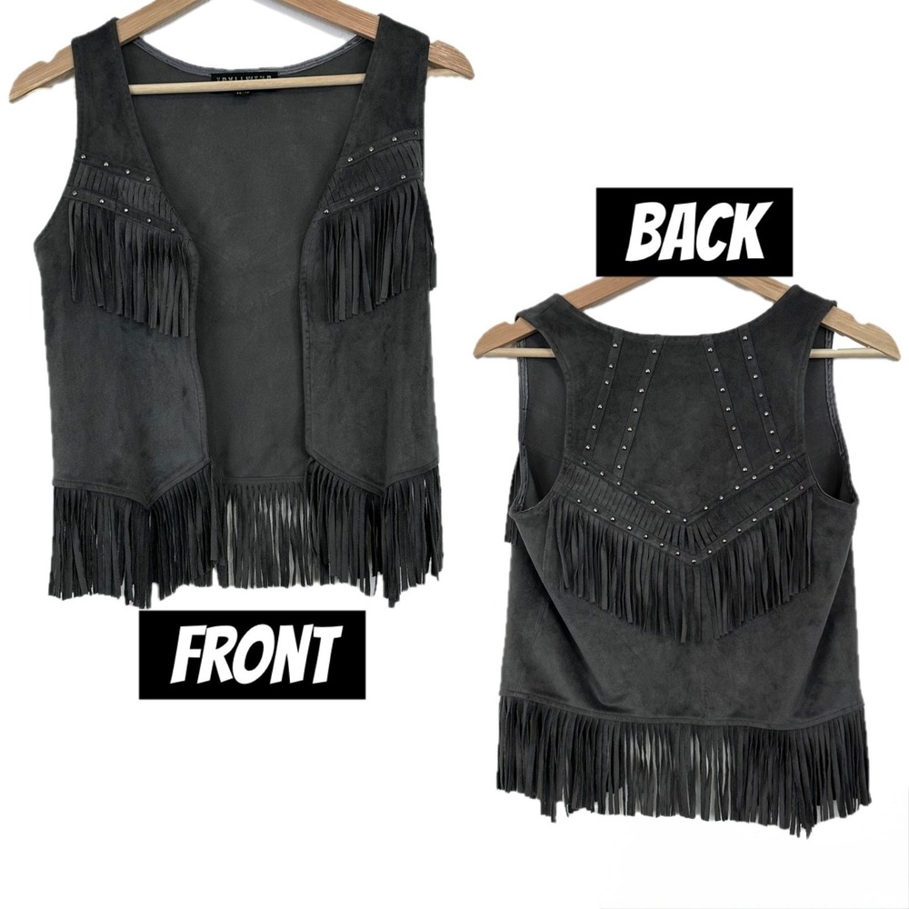 Womens Western Boho Festival Faux Suede Vest Sz XS Fringe Studded Cropped Gray
